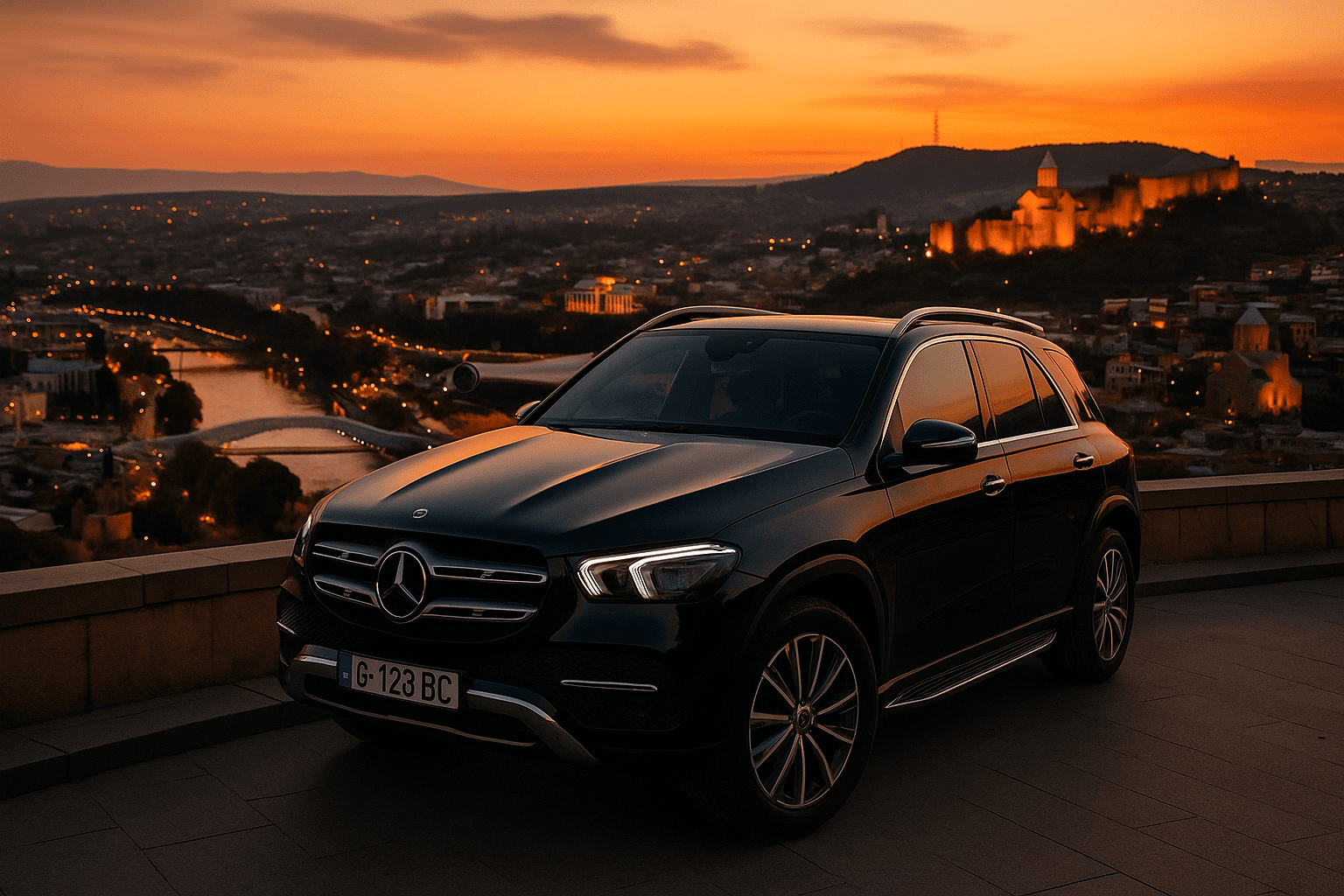 Black Mercedes-Benz GLE SUV parked with Tbilisi city skyline and Narikala Fortress in the background at sunset.